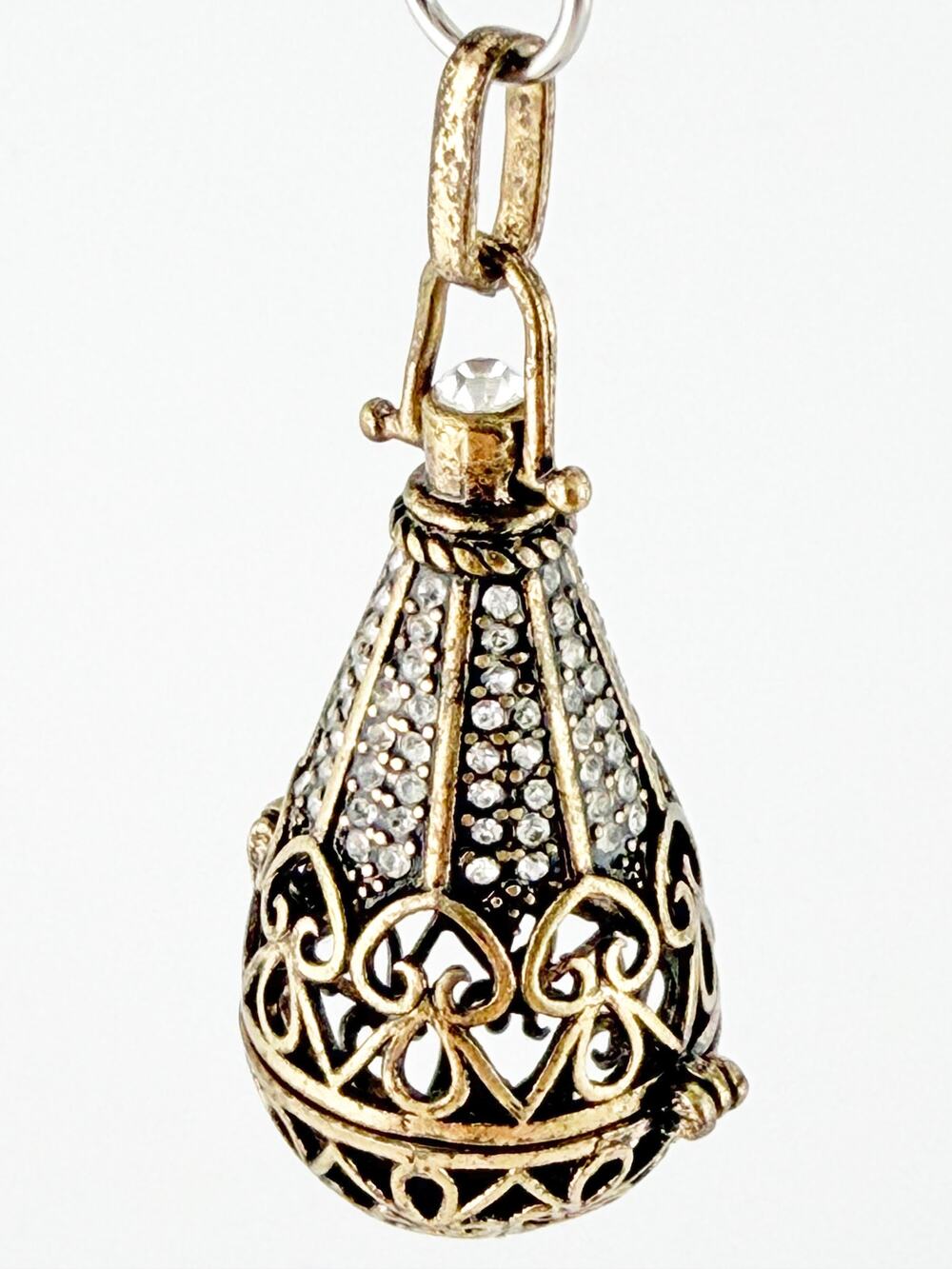 Vtg Antique Brass Rhinestone Pavé Filigree Egg Teardrop Locket Pendant 2.25"